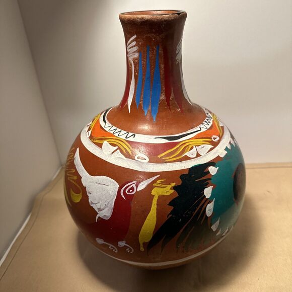 Hand Painted Red Ware Pottery Vessel Decanter Pitcher Jug Folk Art 11.5x8 in - Picture 12 of 12
